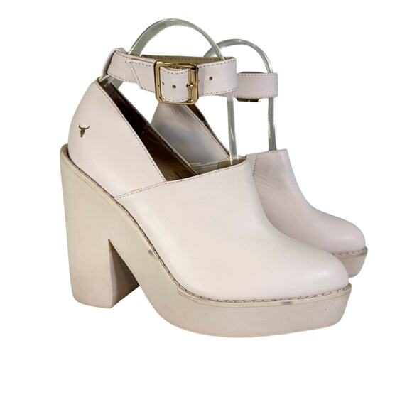 Windsor Smith POP Platform Womens 7 White Leather Block Heel Ankle Buckle Almond - Picture 1 of 14